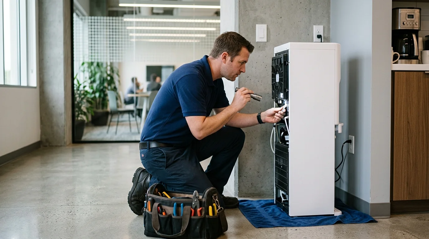 Technician with a flashlight checking the back of an office water dispenser